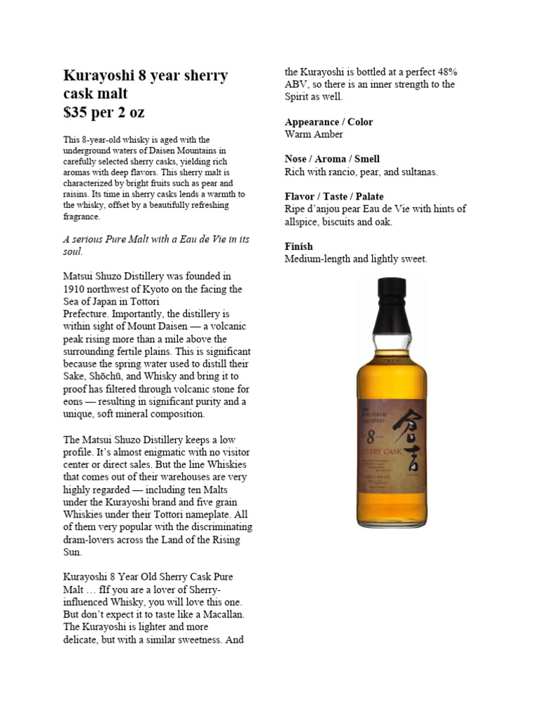 Kurayoshi 8 Year Old Sherry Cask Whisky